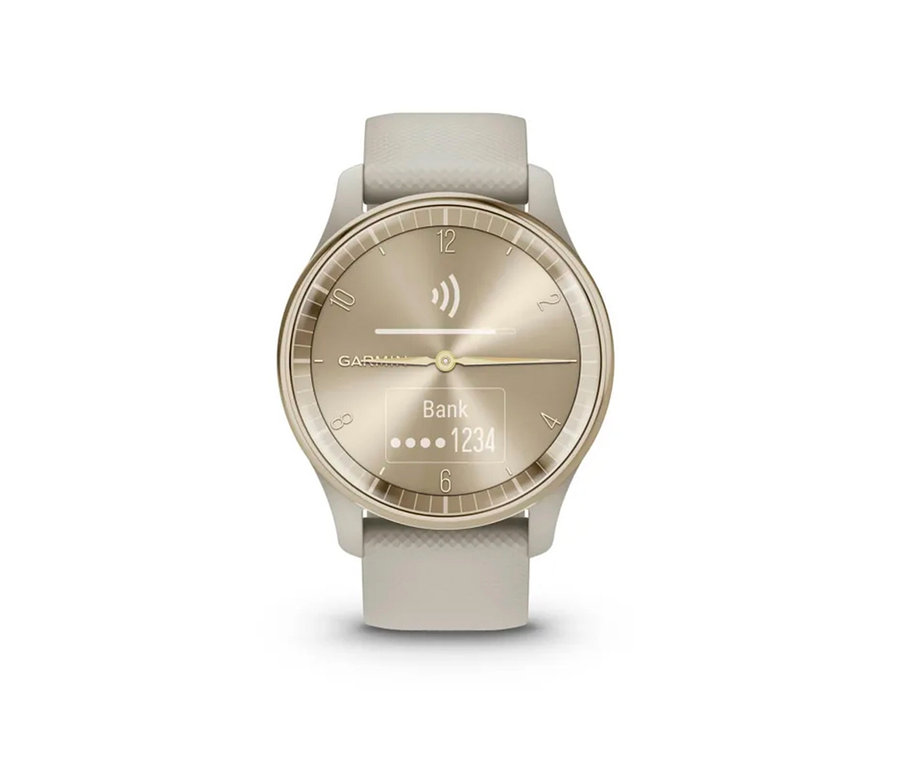 Detailaufnahme einer cremefarbenen, goldenen Smartwatch mit cremefarbenem Armband. GARMIN vivomove Trend, cremegoldfarben.