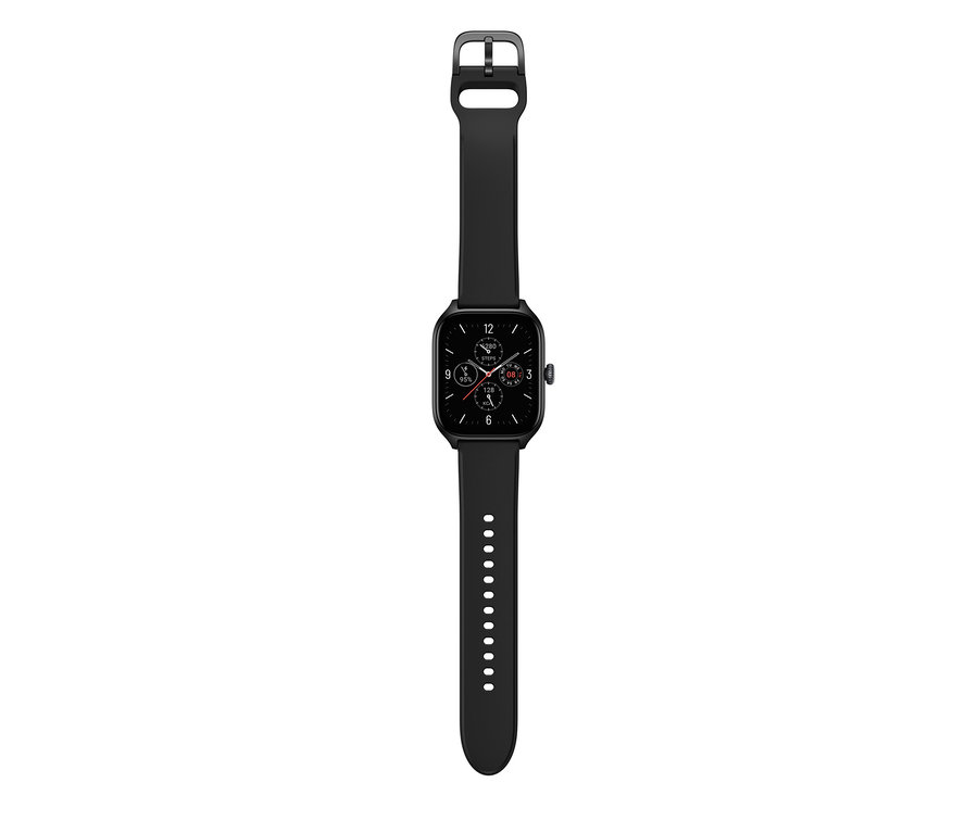 Eine schwarze Smartwatch mit rechteckigem Display und schwarzem Armband. Amazfit GTS 4 Smartwatch, Infinity Black.