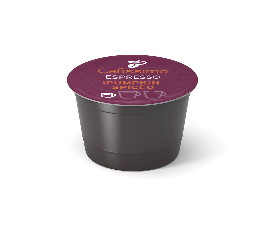 Eine einzelne Cafissimo Flavoured Espresso Pumpkin Spiced Kaffeekapsel mit dunkelbraunem Körper und weinrotem Deckel.