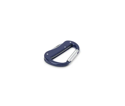 Ein blaues 5-in-1-Karabiner-Multitool mit einer Messerklinge.