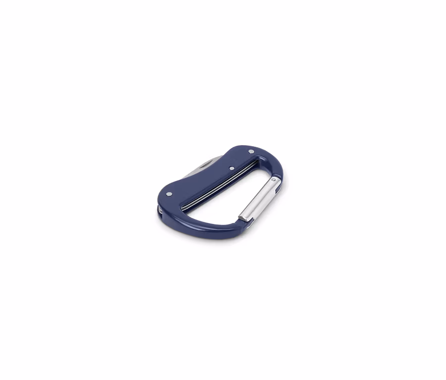 Ein blaues 5-in-1-Karabiner-Multitool mit einer Messerklinge.