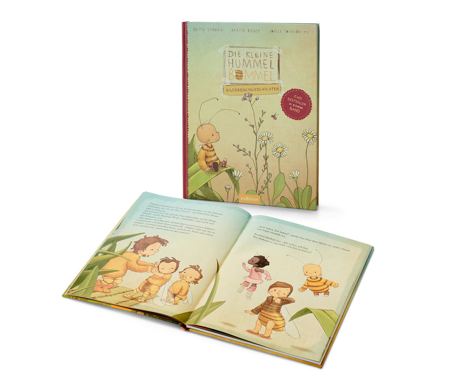 Ein geöffnetes Buch mit Illustrationen und dahinter das Buch "Die kleine Hummel Bommel – Bilderbuchgeschichten".