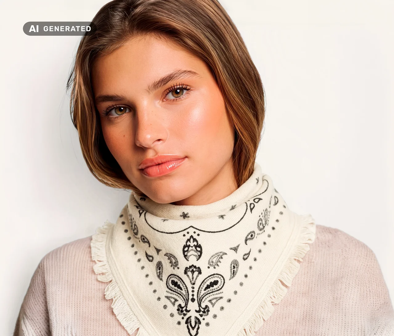 Junge Frau trägt ein cremefarbenes Strick-Bandana mit Wolle und Kaschmir und schwarzem Paisleymuster um den Hals.