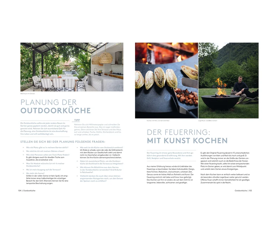 Eine Outdoor-Küche mit Sitzbereich und Grill. Das Buch "Der A bis Z Gartencoach" liegt auf dem Tisch.