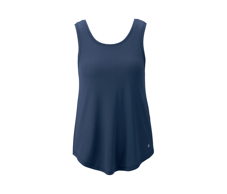 Blaues 2-in-1-Sporttop vor weißem Hintergrund.