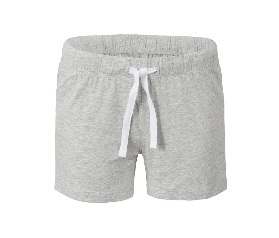 Graue Jersey-Shorts mit weißem Kordelzug in der Taille.