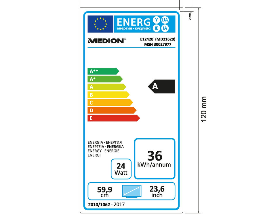 Energieetikett für MEDION®-LIFE®-23,6"-Full-HD-TV mit DVD-Player, Klasse A, 36 kWh/Jahr.