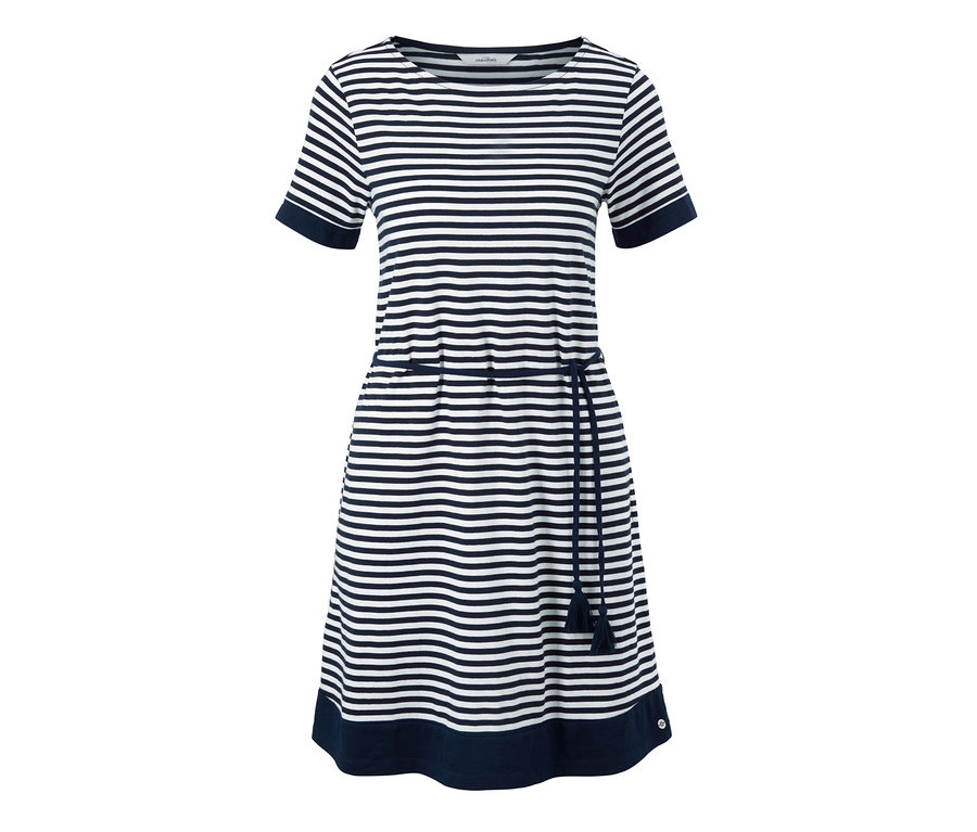 Ein blau-weiss gestreiftes Jerseykleid mit dekorativer Kordel in der Taille.