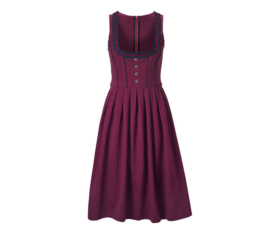 Ein Stretch-Dirndl in Weinrot mit weißen Punkten.