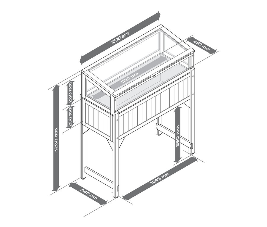 Skizze eines Hochbeets »Jonte« mit abnehmbarem Frühbeetaufsatz und Bemaßung.