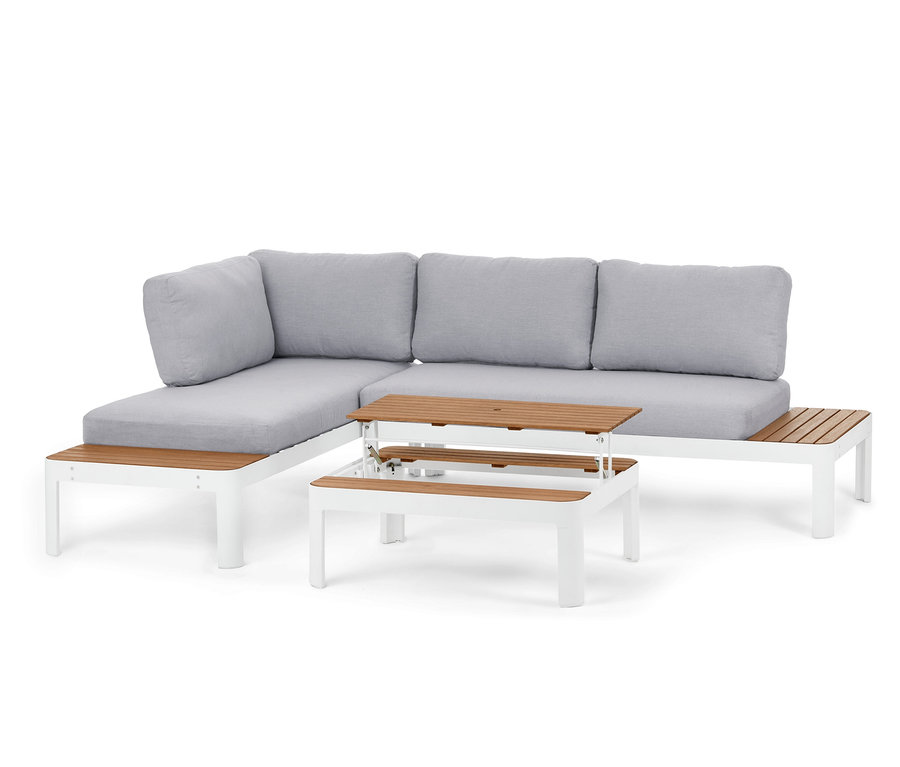 Ein Loungemöbel-Set, variabel, mit einer Lounge-Ecke mit höhenverstellbarem Couchtisch und grauen Kissen.