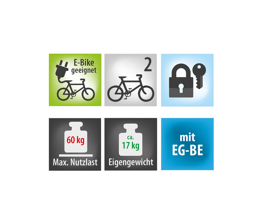 Symbole zeigen Eigenschaften des Fahrradträgers: E-Bike-Eignung, Kapazität für 2 Fahrräder, Schloss, maximale Nutzlast 60 kg und Eigengewicht 17 kg.