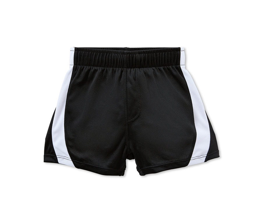 Schwarze Sportshorts mit weißem Seitenstreifen.