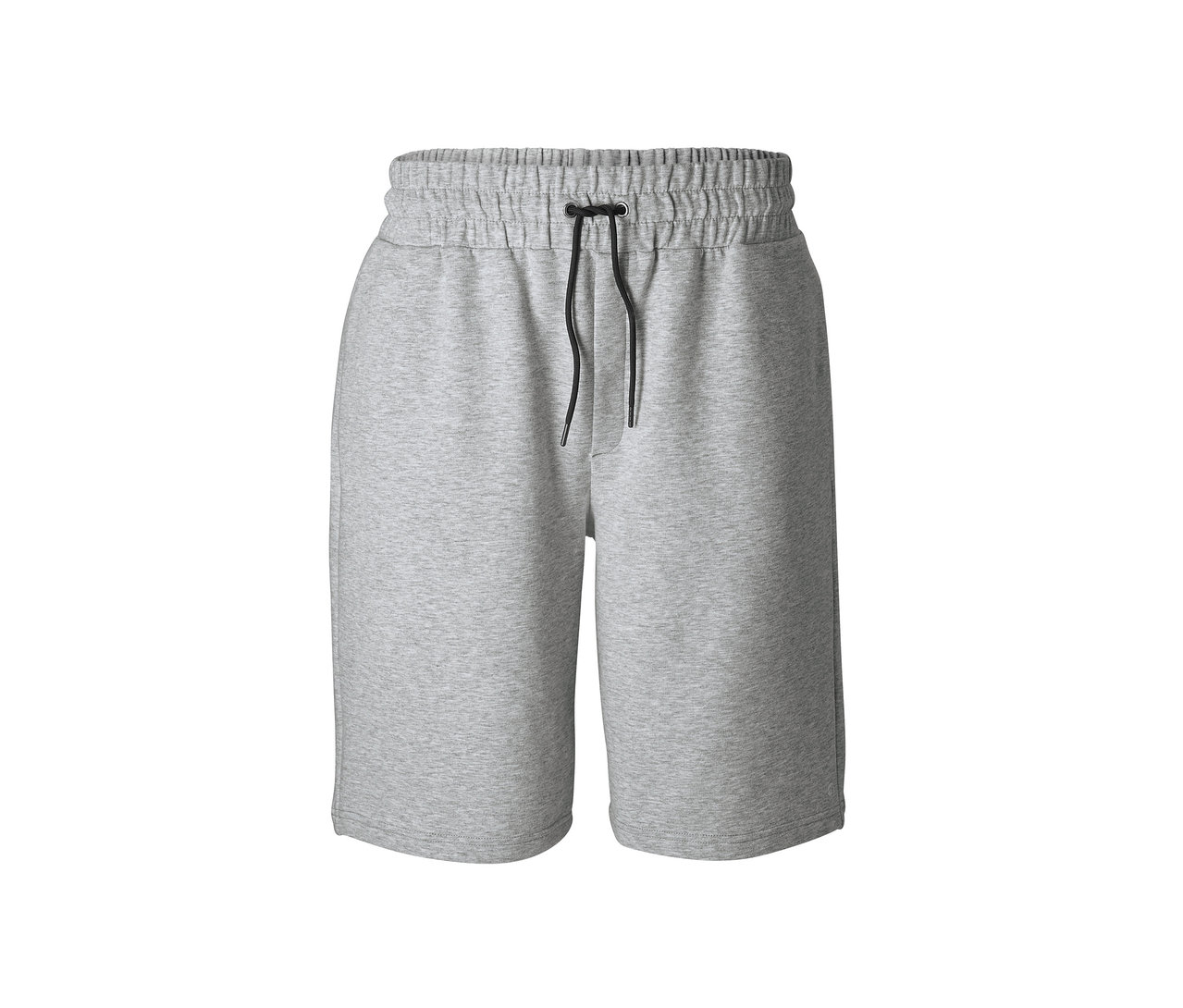 Graue Sweatshorts mit schwarzem Kordelzug in der Taille.