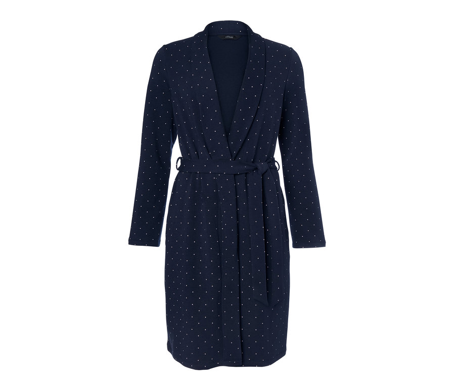 Marineblauer Morgenmantel mit weißen Punkten.