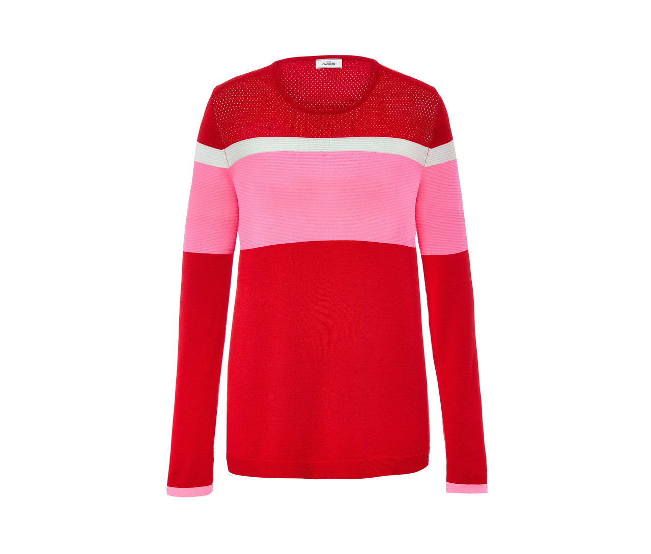 Detailansicht eines Feinstrickpullovers im Colorblocking-Dessin in Rot, Pink und Weiss.