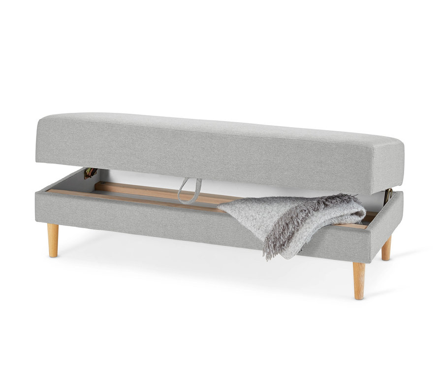 Geöffnetes hellgraues Federkern-Eckschlafsofa »Just Relax« mit Stauraumbank.