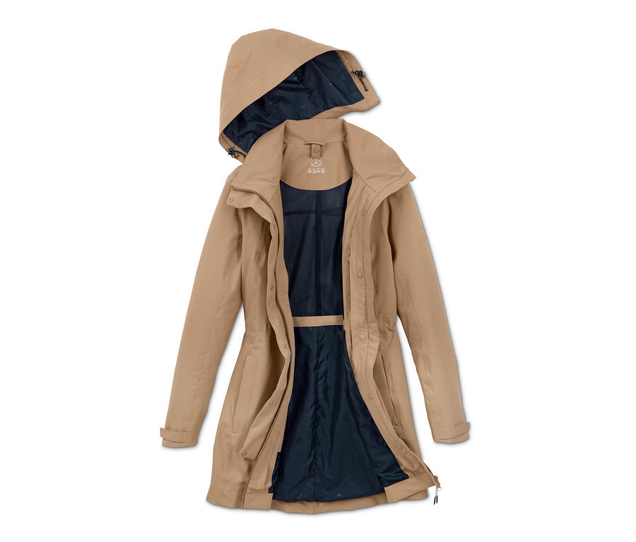 Beiger 3-in-1-Funktions-Outdoormantel mit abnehmbarer Kapuze und dunkelblauem Innenfutter.