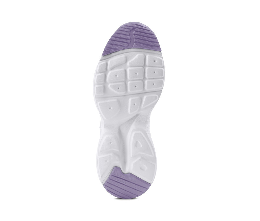 Sohle eines Sneakers mit lilafarbenen Elementen.