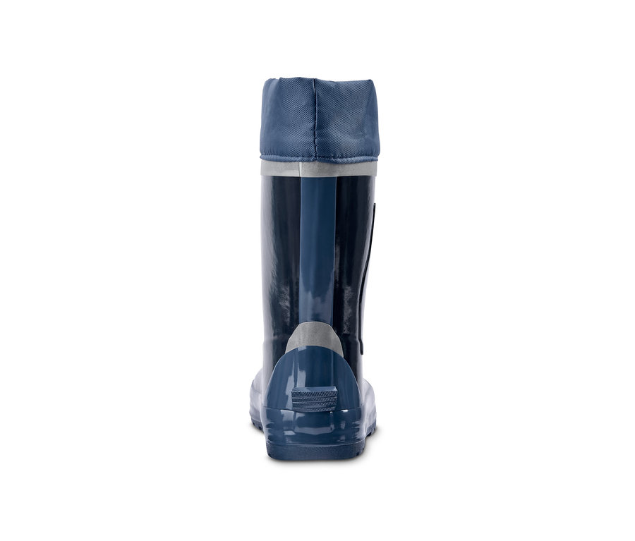 Dunkelblaue Gummistiefel mit Bär-Print, von hinten gesehen.