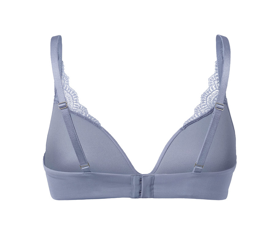 Detailansicht eines fliederblauen Softschalen-BHs mit Spitze.