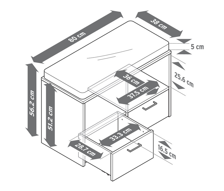 Abmessungen Schuh-Sitzbank mit Fußablage, extrahoch.