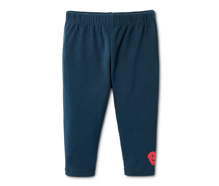 Marineblaue Jersey-Leggings aus Bio-Baumwolle aus einem 5er-Set mit einem roten Smiley-Gesicht am Bein.