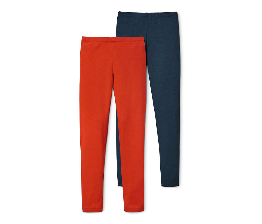Zwei Leggings aus Bio-Baumwolle: eine orange und eine dunkelblaue.