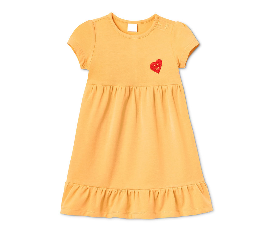 Gelbes Jerseykleid aus Bio-Baumwolle mit kurzen Ärmeln und rotem Herz.
