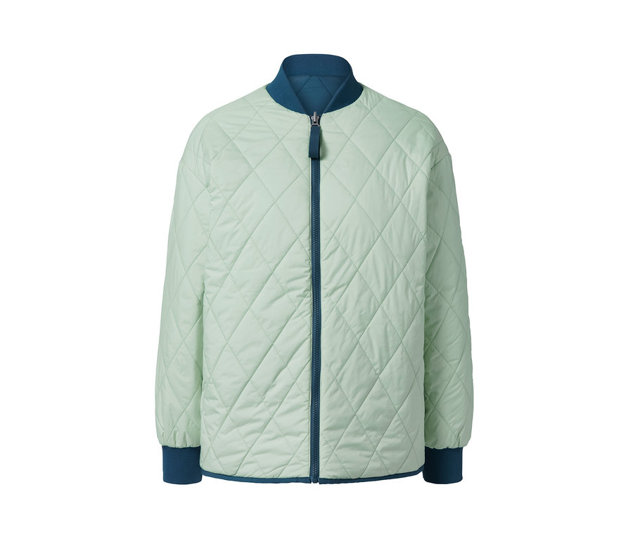 Hellgrüne Wende-Steppjacke mit blauem Reißverschluss und Saum.