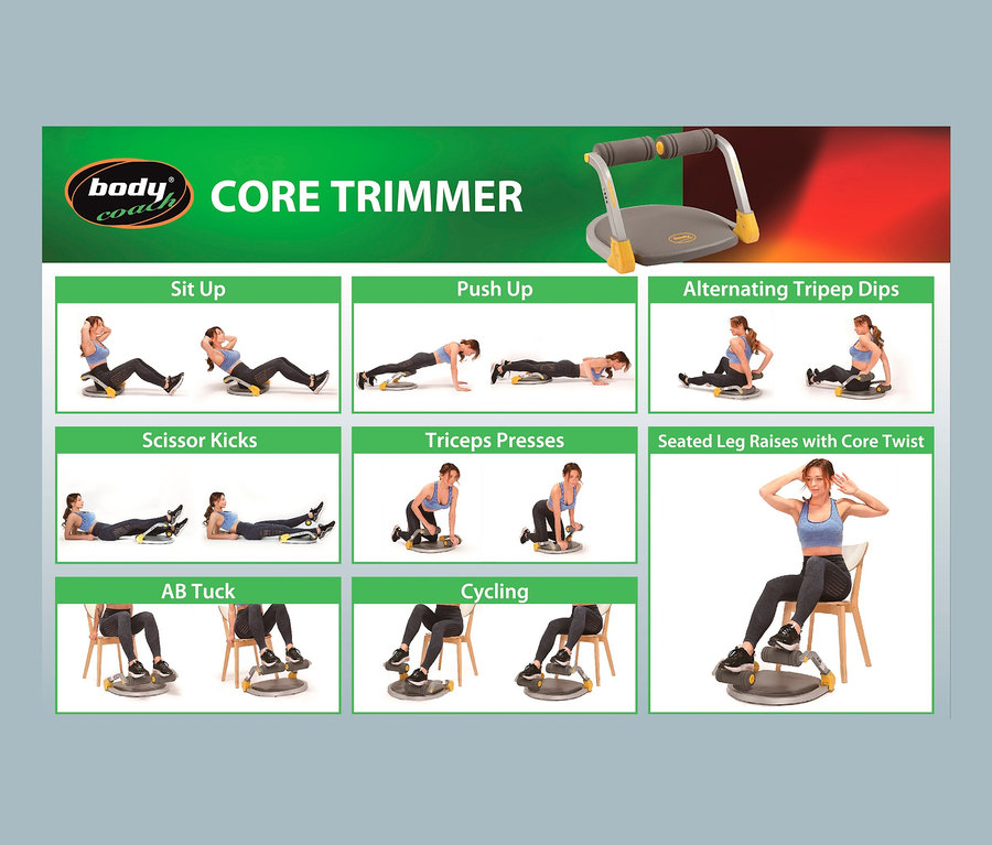 Eine Frau trainiert auf dem Body Coach Fitnessgerät »Core Trimmer 28521«, das in neun verschiedenen Positionen gezeigt wird.