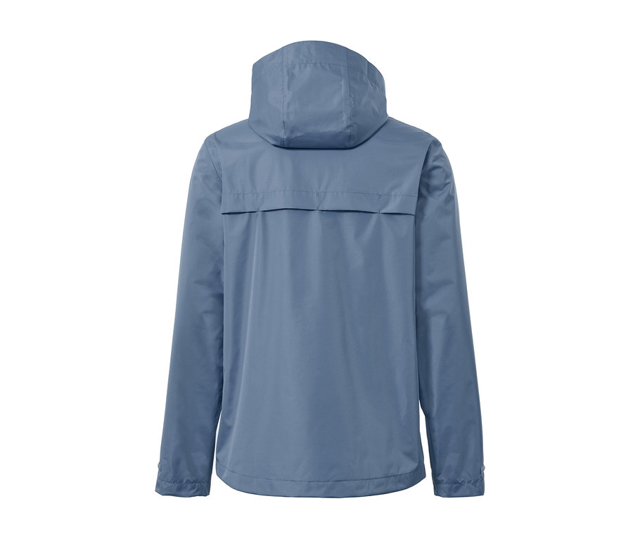 Rückansicht einer blauen Unisex-Regenjacke mit Kapuze.