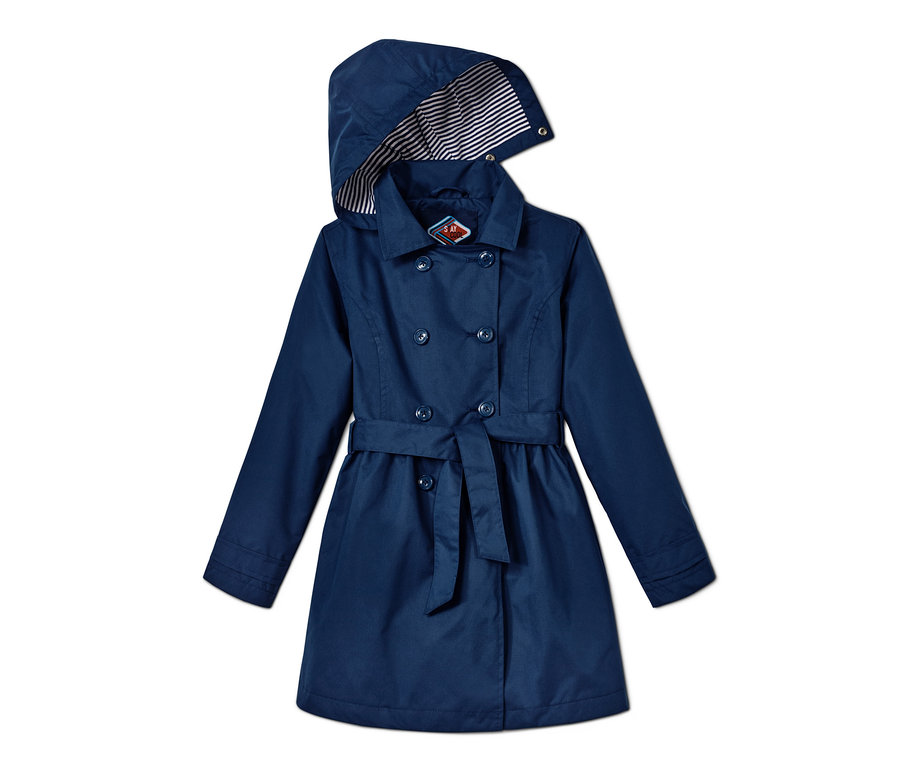 Blauer Allwetter-Trenchcoat mit recyceltem Material, Kapuze und Gürtel.