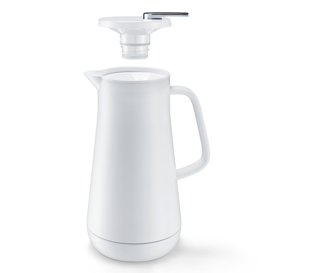 Weiße Isolierkanne, 1l, mit abgenommenem Deckel.