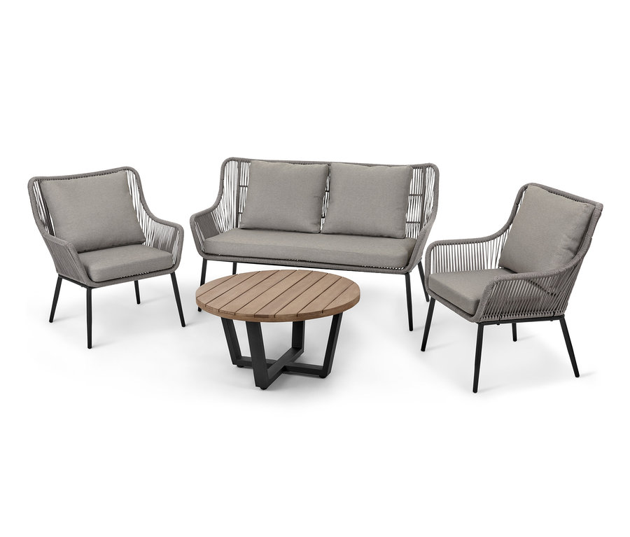Gartensofa-Set aus Textilgeflecht mit zwei Sesseln, einem Sofa und einem runden Tisch.
