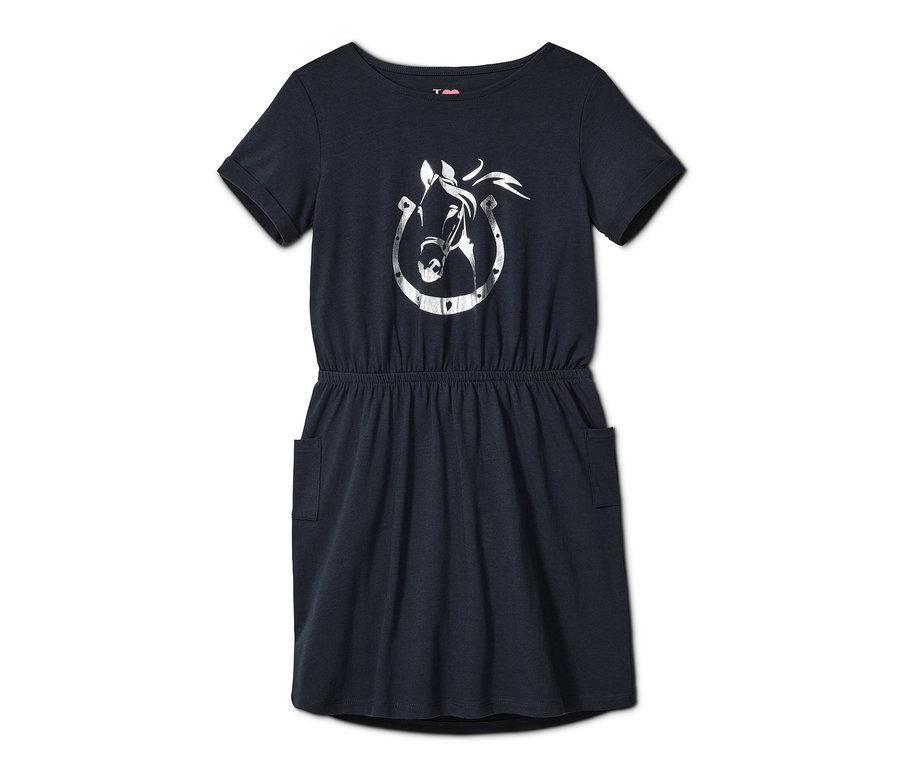 Dunkelblaues Jerseykleid mit Pferde- und Hufeisenprint.