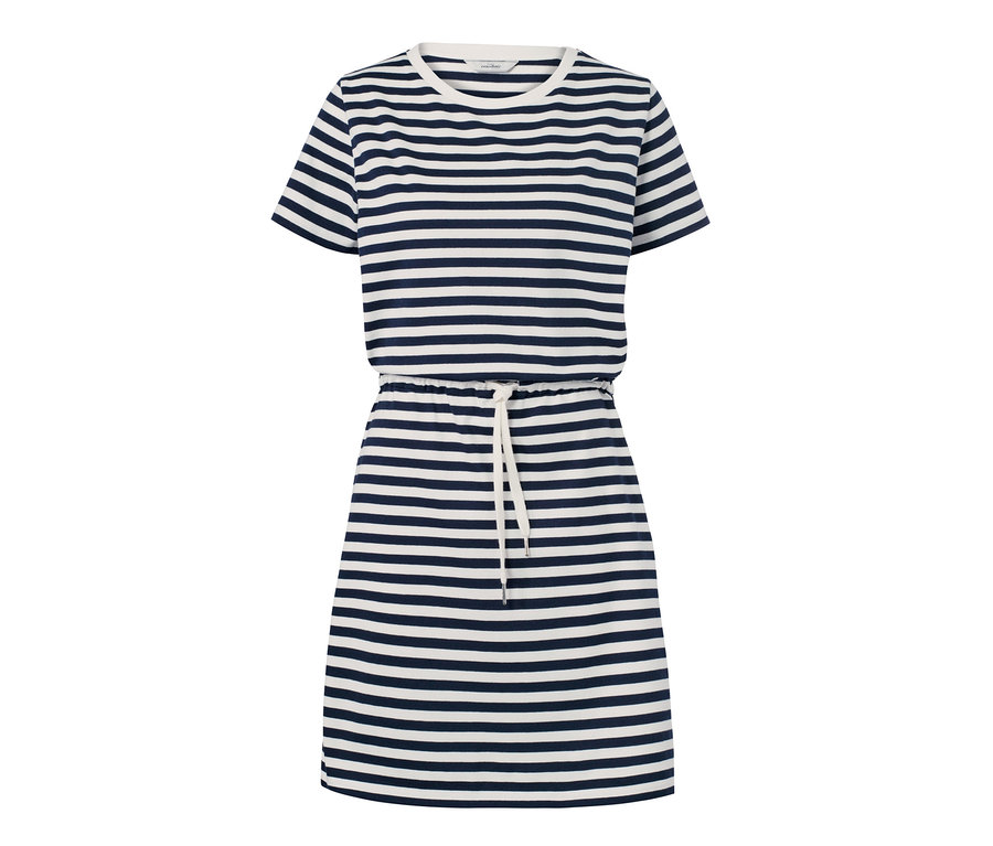 Ein gestreiftes Jerseykleid mit kurzen Ärmeln und Kordelzug in der Taille.