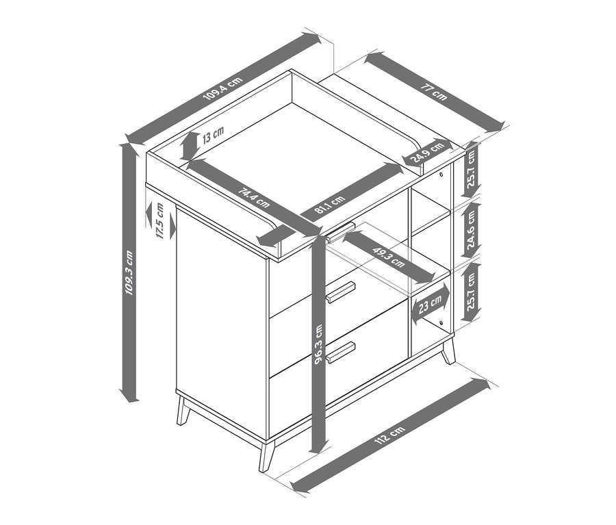 Zeichnung einer Wickelkommode mit Abmessungen.