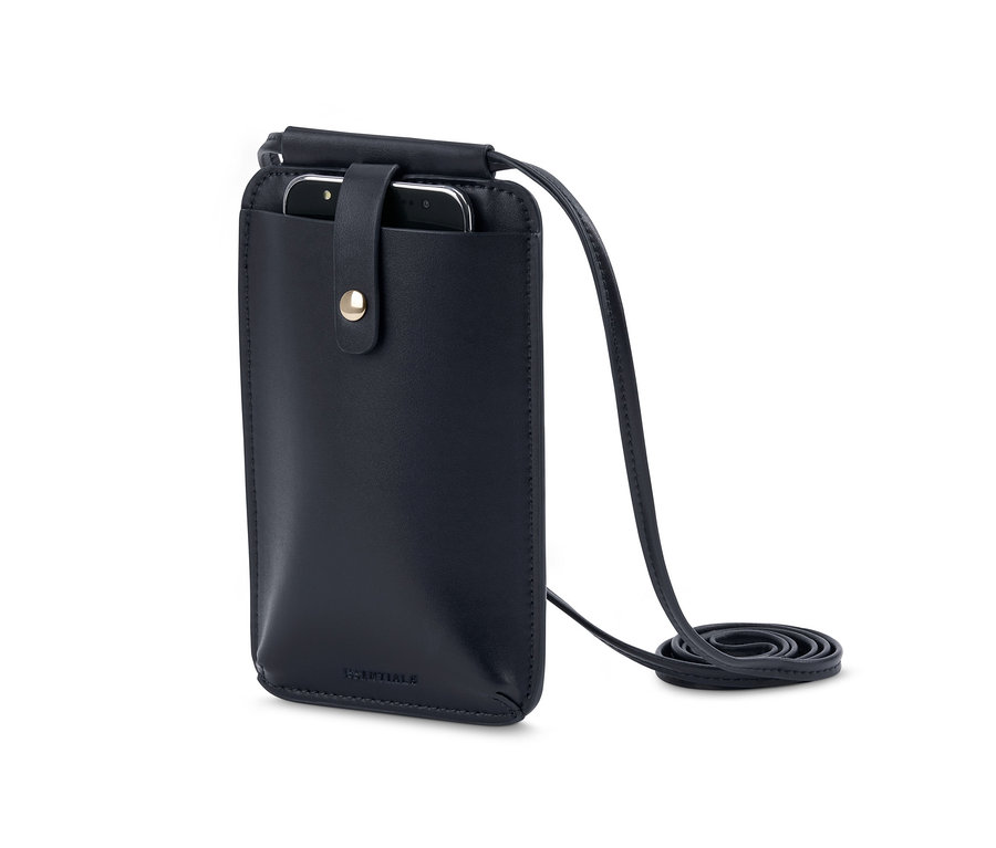 Schwarze Handytasche mit Umhängeband.