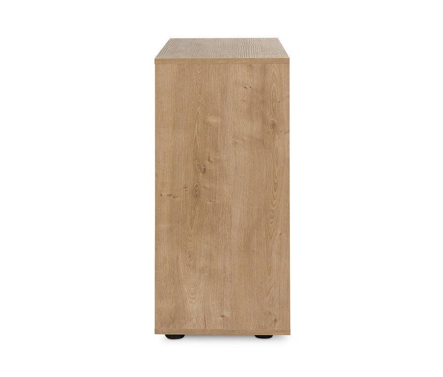 Detailansicht der Seite des Regalmoduls "Flemming", ca. 75 x 75 cm, mit 3 Schubladen, Eichendekor.