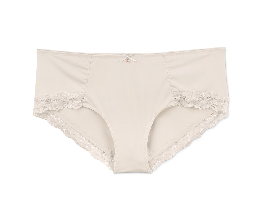 Ein einzelner beiger Panty mit Spitze.