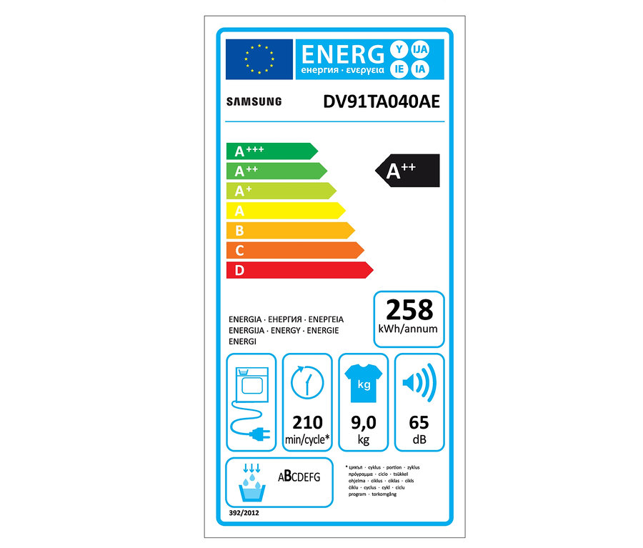 Energielabel für Samsung-Wärmepumpentrockner DV91TA040AE/EG, Energieeffizienzklasse A++, 9 kg.