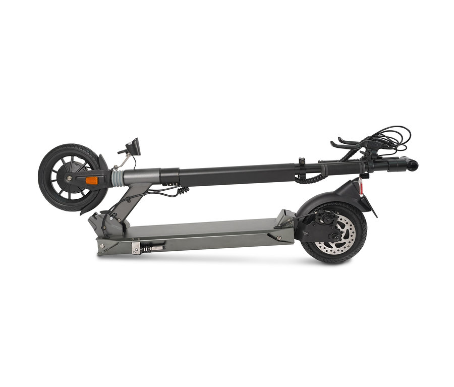 Detailaufnahme eines grauen L.A. Sports E-Scooters "Speed Deluxe" auf weißem Hintergrund.