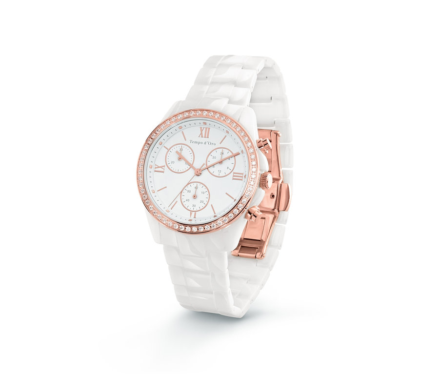 Nahaufnahme einer Keramik-Chronograph mit Zirkonia.