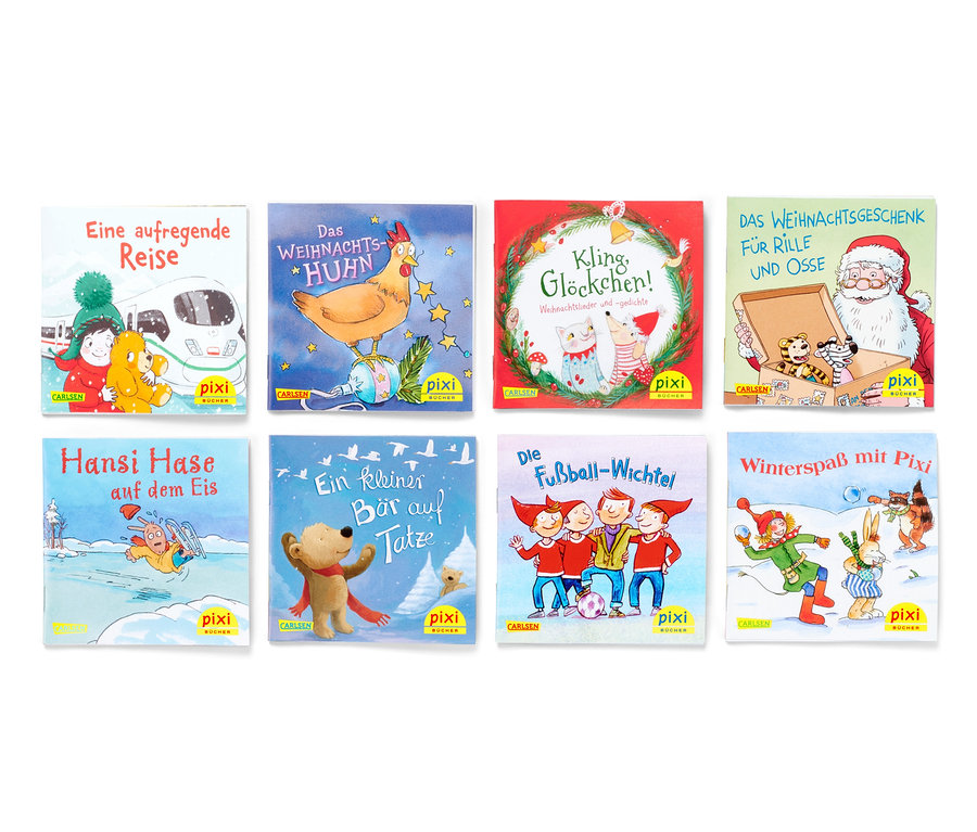 Abbildung von acht Pixi-Kinderbüchern mit weihnachtlichen Motiven, darunter Pixis tolle Weihnachtsdose.