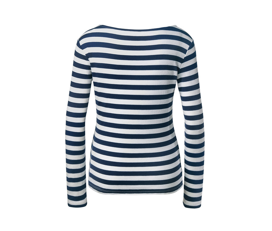 Rückansicht eines gestreiften Langarmshirts mit Stickerei.