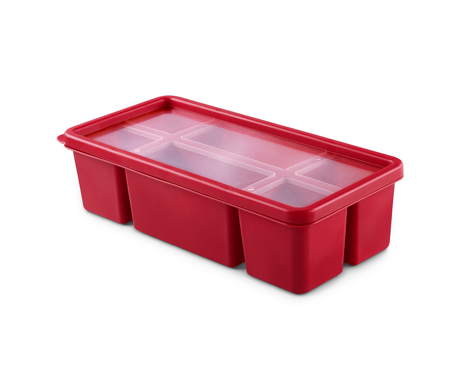 Rote 2 Portioniertrays mit transparentem Deckel.