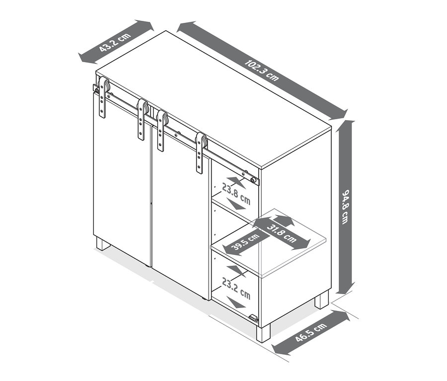 Eine Skizze eines weißen Sideboards mit Schwebetüren und Regalen, wobei die Abmessungen mit Pfeilen versehen sind.