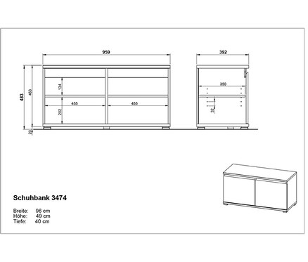 Abbildung einer Schuhbank mit Sitzkissen »Lissabon« mit Maßangaben.