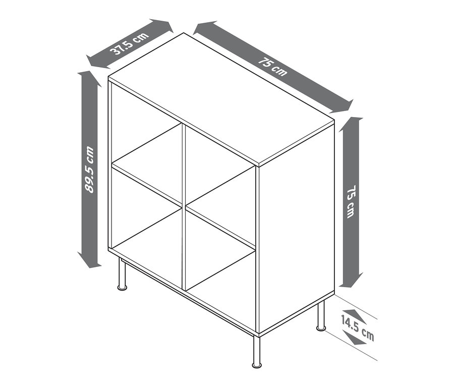 Ein offenes Regalmodul »Flemming« mit den Maßen 75 x 75 cm, mit markierten Abmessungen.